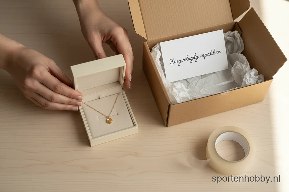 Handen leggen een gouden ketting in een sieradendoosje naast een open verzenddoos